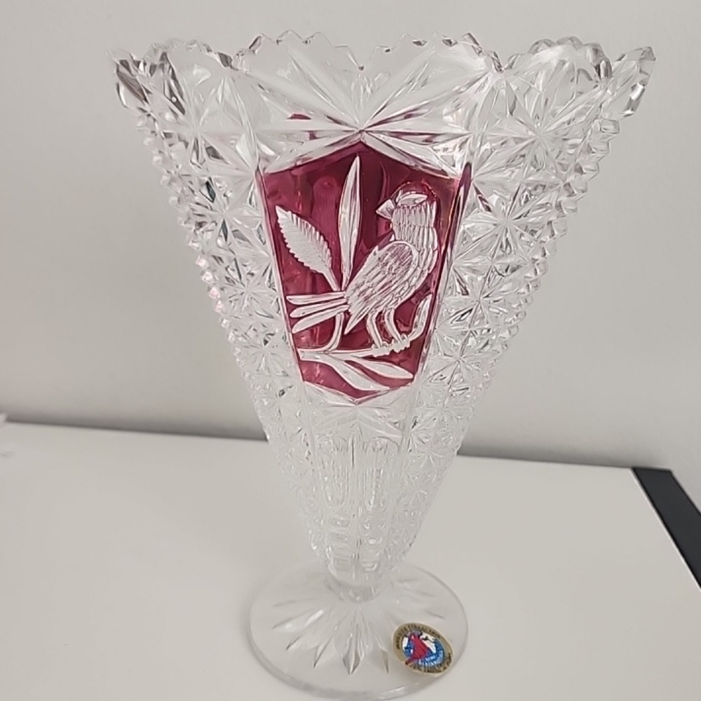 Hofbauer Collection echt bleikrostal Crystal Fan Vase, Ruby Red & Clear, 9"